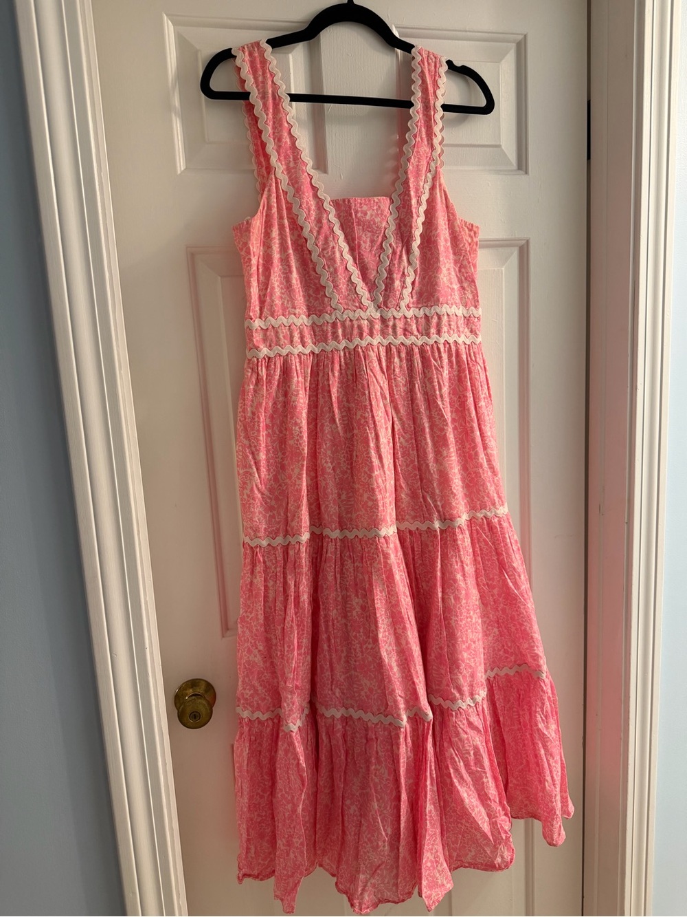 Lilly Pulitzer Pink Tiered Maxi Dress with White Lace Trim